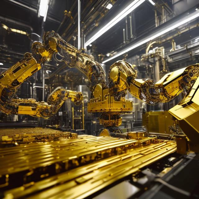 Prompt: Robotic arms creating gold bars and jewelry in a futuristic gold factory, gleaming metallic surfaces, precision engineering, high-tech production line, futuristic, industrial, luxury, high quality, gold tones, ambient lighting