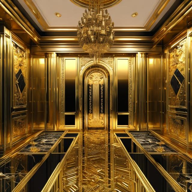 Prompt: Gold vault in a luxurious bank, stacks of cash, golden sheen, opulent interior, high security, detailed gold bars, gleaming reflections, realistic 3D rendering, high-res, luxury, detailed interior, professional lighting, rich textures, security cameras, impressive architecture