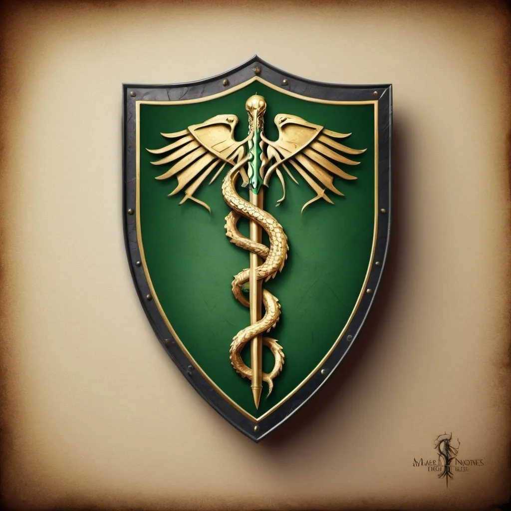 Prompt: A banner icon symbol with game of thrones style..the green team symbol of phyton and shield and caduceus. Please make it 3d and elegant. Make it printable