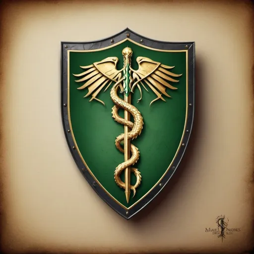 Prompt: A banner icon symbol with game of thrones style..the green team symbol of phyton and shield and caduceus. Please make it 3d and elegant. Make it printable