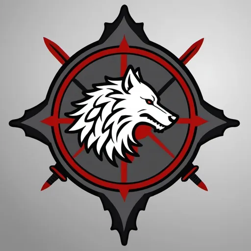 Prompt: A banner icon symbol with game of thrones style..the grey team symbol of ninja and wolf and blades with touch of blood. Please make it 3d and elegant. Make it printable