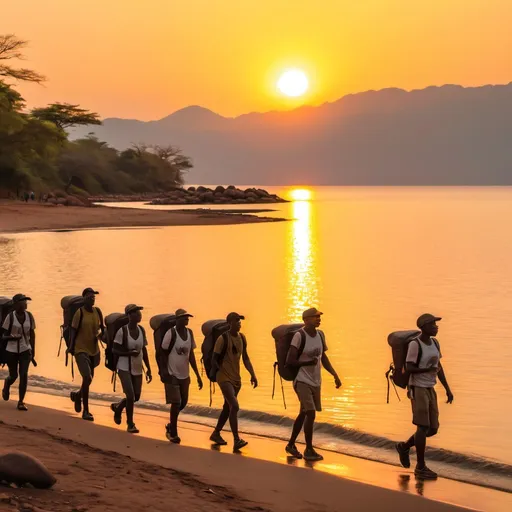 Prompt: group of tourist trekking along lake malawi shores at sunrise