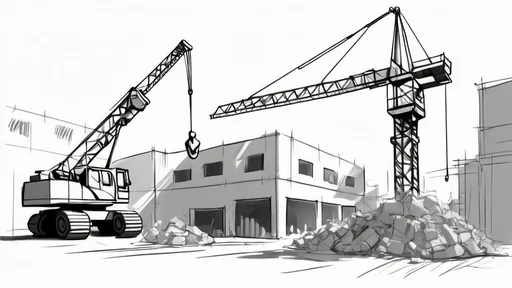 Prompt: contruction site, a crane and signs in loose sketching storyboarding style no color