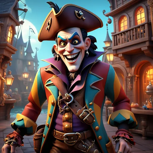 Prompt: (fantasy style character), (Disney Pixar), 3D render, vibrant warm color scheme, cinematic colors, detailed harlequin costume, old pirate with an evil laugh, temporal elements, time machine in background, magical ambiance, ultra-detailed, imaginative setting, vivid character expression, whimsical yet sinister atmosphere, adventurous narrative