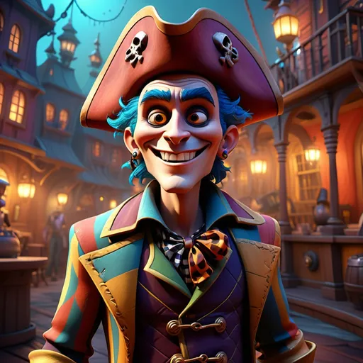 Prompt: (fantasy style character), (Disney Pixar), 3D render, vibrant warm color scheme, cinematic colors, detailed harlequin costume, old pirate with an evil laugh, temporal elements, time machine in background, magical ambiance, ultra-detailed, imaginative setting, vivid character expression, whimsical yet sinister atmosphere, adventurous narrative