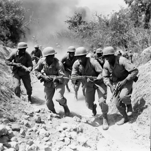 Prompt: American soldiers in  Haiti 1955 Making A charge to capture the trenches  black and white 