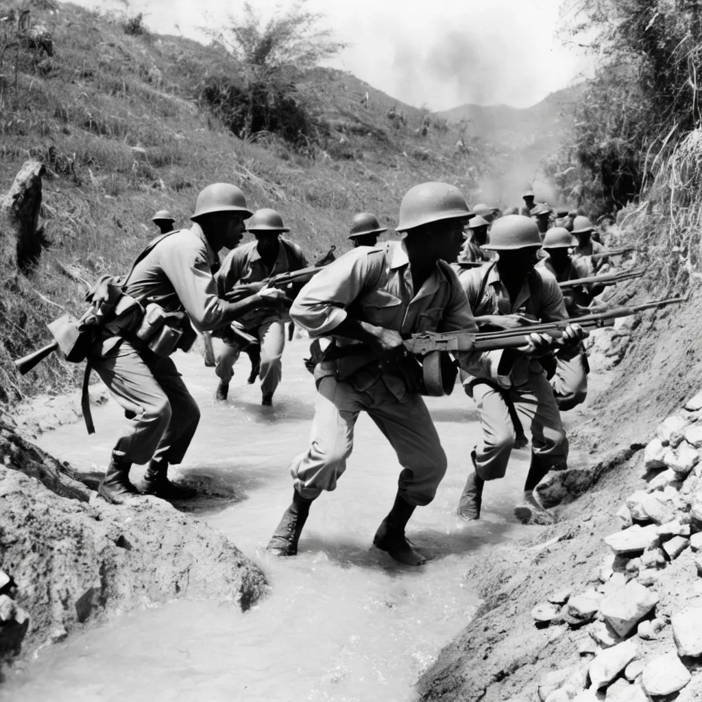 Prompt: American soldiers in  Haiti 1955 Making A charge to capture the trenches  black and white 