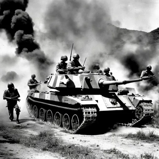 Prompt: American and British soldiers invading Haiti in 1956 in black and white there getting gunned down
There are tanks