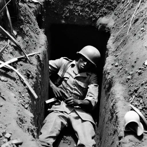 Prompt: American soldiers in a trench in Haiti 1955 in black and white 
A dead soldier in on the ground