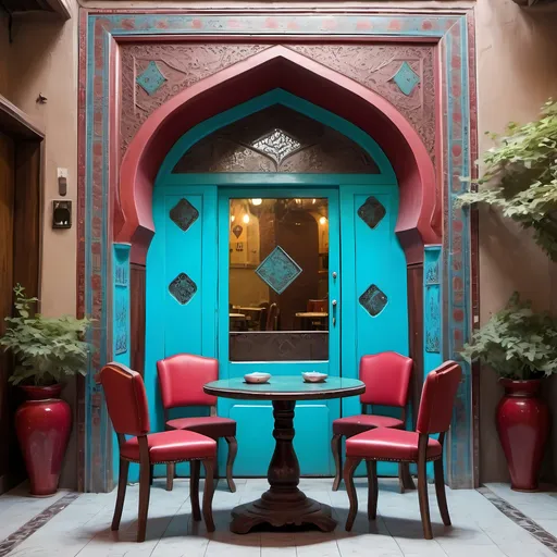 Prompt: Traditional Iranian restaurant, one round table and two chairs, turquoise blue and crimson color, entrance door, chalukbob on the table, complete environment