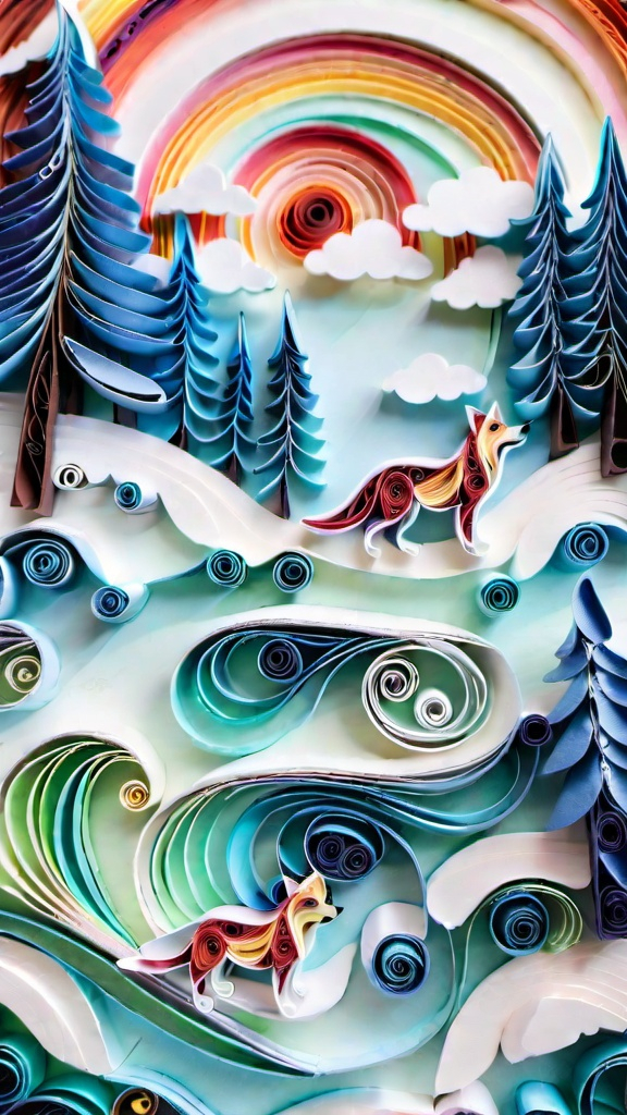 Prompt: High angle paper quilling fantasy, (winter finland pallas national park landscape with Enchanted wolf four puppies soaring through clouds:1.3), Harmonious composition, Intricate swirls, Colorful coils, (Whimsical design:1.2), Floating scales, Glittering scales, Magical aura, Ethereal glow, (Sparkling details:1.2), Vivid color palette, Intricate patterns.