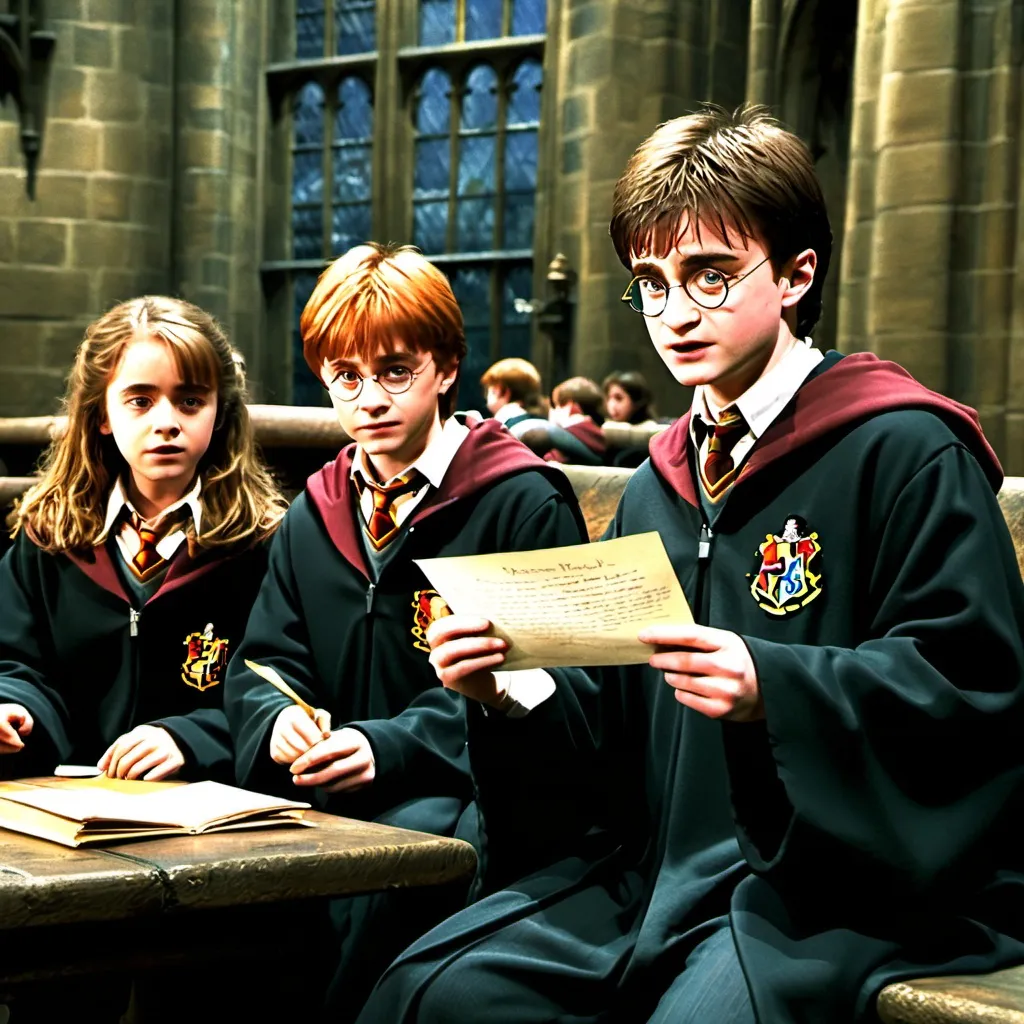 Prompt: Image of Harry Potter with Hermione and Ron sitting in Hogwarts in Harry holding a letter in his hands