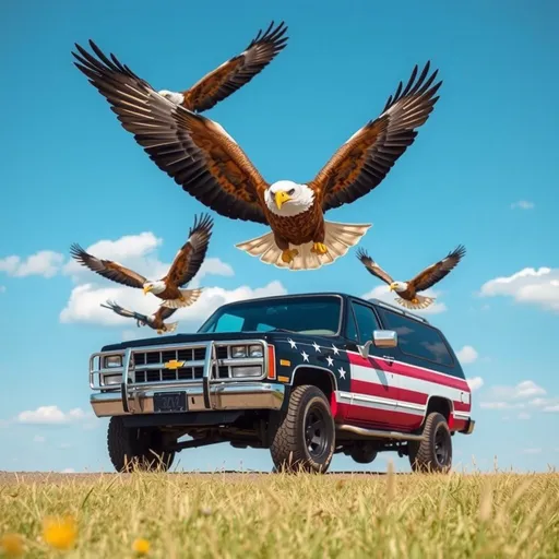 Prompt: Make a 9th gen suburban with a USA vinyl rap, Eagles are flying in the blue sky with AK-47s.
with the American flag in the background.