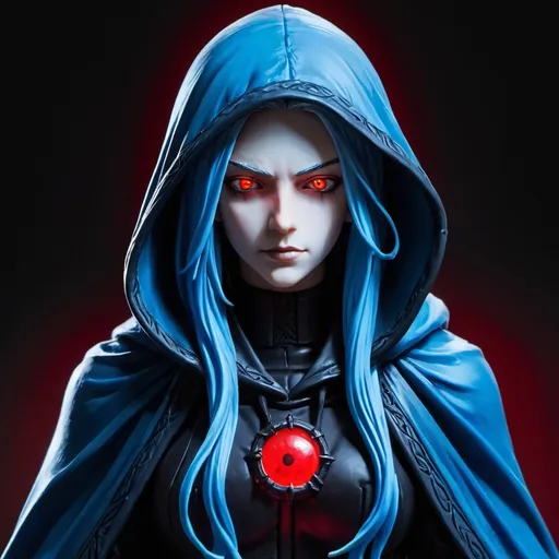 Prompt: A figure with a hood, long blue hair, and glowing red eyes.