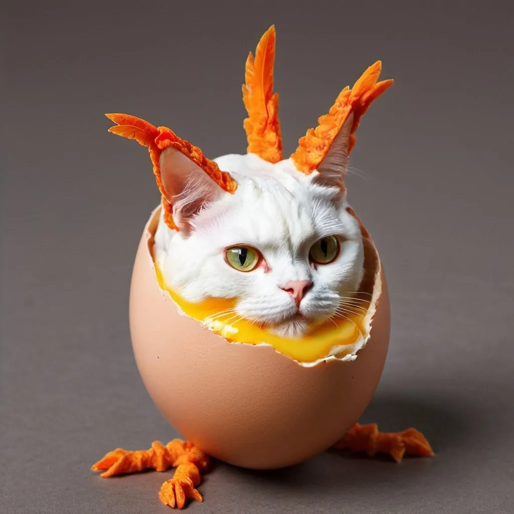 Prompt: Make an egg with chicken nugets legs and a cat head
