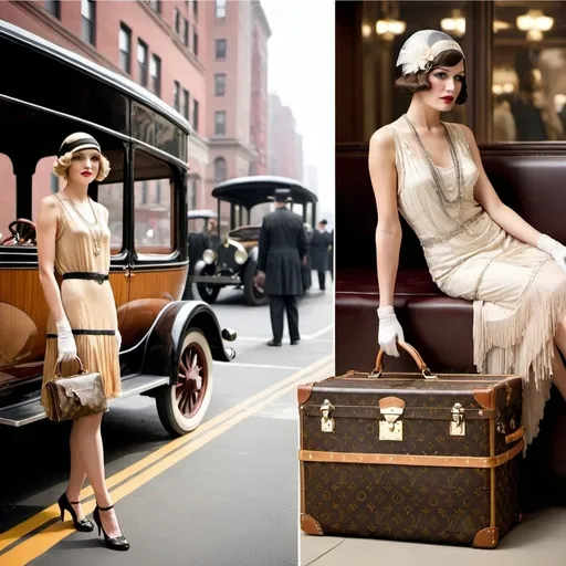 Prompt: Left Side(past): A vintage scene from the 1920s featuring a model in an elegant flapper dress, holding a classic Louis Vuitton trunk. The setting could be a grand ballroom or a luxurious train station.
Right Side(now): A modern scene with a model in contemporary high fashion in nowadays, carrying a current Louis Vuitton handbag, set in a crowed, new York urban environment.