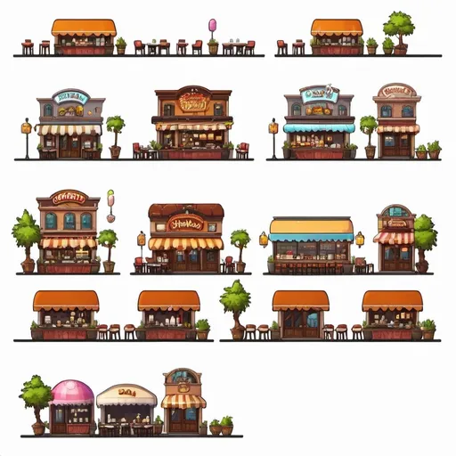 Prompt: level design with restaurant like a city, some with two or more floors, with foods, bar, ice cream cart, tables with chairs, etc., for a 2D spritesheet sidescrolling game