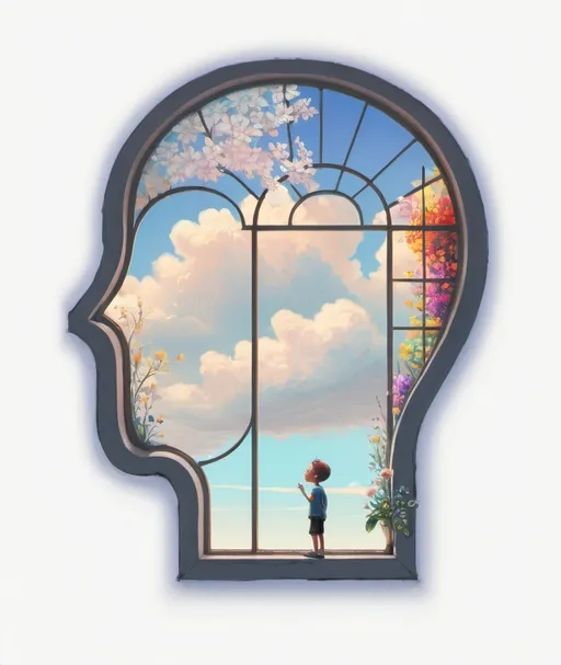 Prompt: (realism style), a drawing of a window with a (boy-shaped head), vibrant sky background, intricate details, a vase full of colorful flowers on the window sill, (Beeple inspiration), institutional critique theme, masterfully crafted, captivating composition, warm natural light, 4K ultra-detailed presentation, emotive atmosphere, striking visual storytelling.