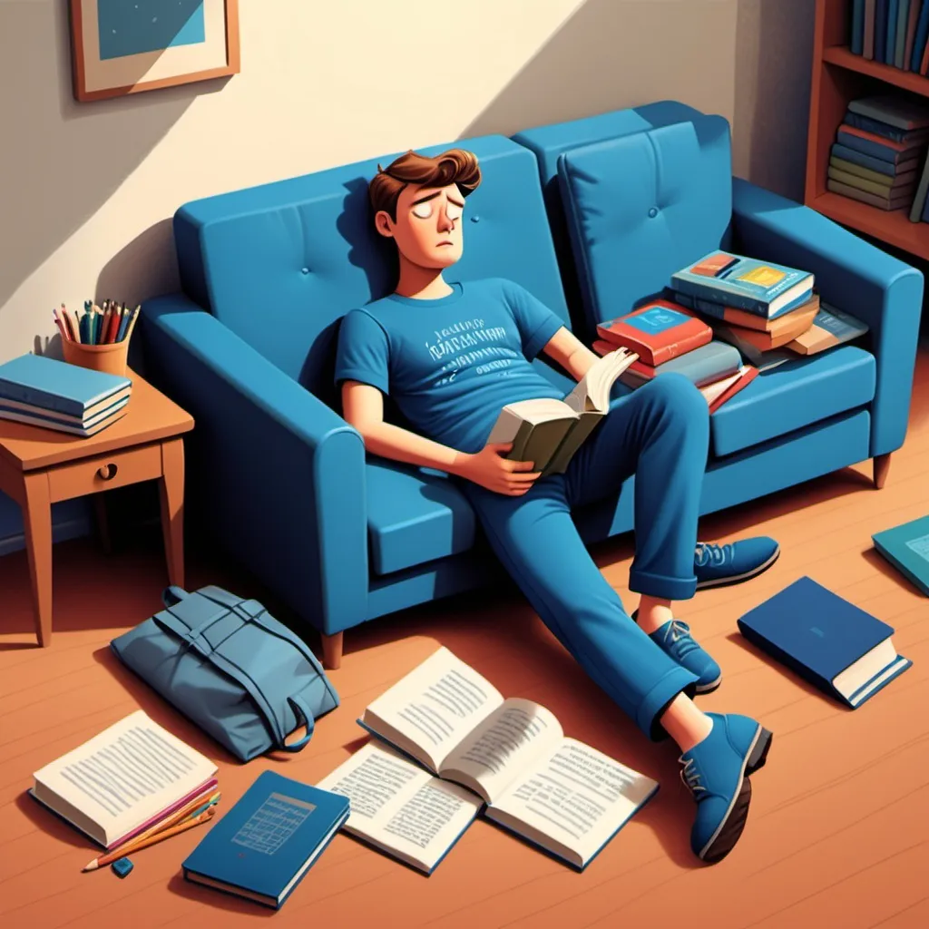 Prompt: Illustration of a lazy boy in a blue dress and pants lying on the sofa and staring at the ground impatiently
Bags, books and pencils are lying on the floor
