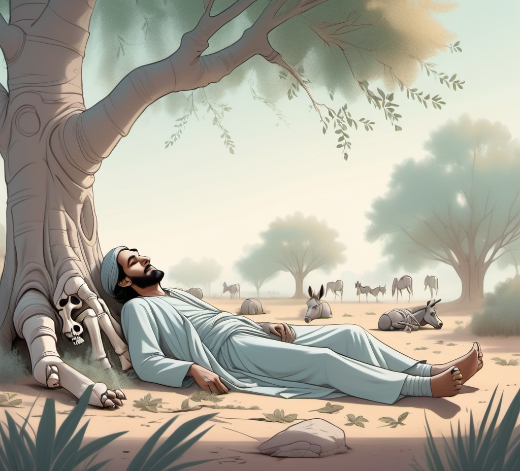 Prompt: (cartoon style), (pastel color scheme), depiction of Prophet Uzair lying peacefully next to a tree, serene atmosphere, subtle sunlight filtering through leaves, showcasing soft, muted tones, rotting skeleton of a donkey subtly visible, gentle emphasis on nature's elements, detailed sketching style, high-quality illustration, tranquil yet somber mood.