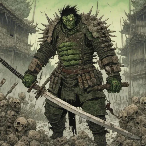 Prompt: <mymodel> an orc warlord with dark green skin and black hair wielding two swords, asian vibe, dai dark, dorohedoro