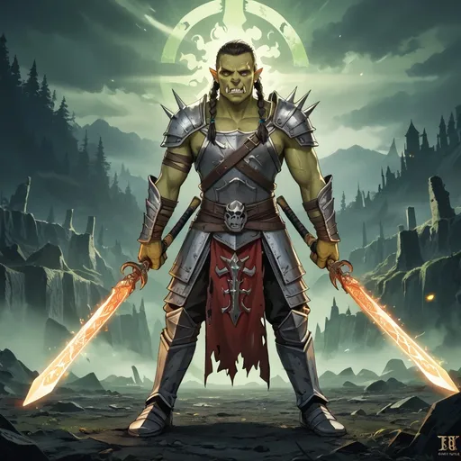 Prompt: (powerful male orc swordlord), (dual-wielding katanas), (green skin), braids, (intimidating), (commanding presence), (undead vibes), RPG, DND, fantasy setting, richly detailed armor, dramatic battlefield background, cool tones, ethereal glow, high fantasy, epic atmosphere, cinematic lighting, ultra-detailed, evocative imagery.