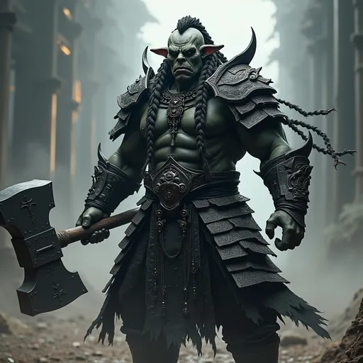 Prompt: orc shogun warlord, (fierce and commanding presence), (intricate braids), (Asian vibes), (undead vibes), clad in intricate black armor, wielding a massive warhammer, (high contrast), (dynamic composition), (bold outlines), dramatic shadows enhancing his powerful stance, set in a mythical realm, exuding strength and valor, captured in a stunning RPG style, ultra-detailed, cinematic lighting for an epic atmosphere.