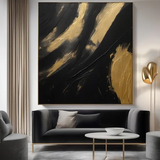Prompt: "Elegant minimalist black and gold abstract painting, textured brushstrokes, dramatic lighting, luxury interior style, hanging in a modern art gallery, masterpiece, photorealistic presentation"