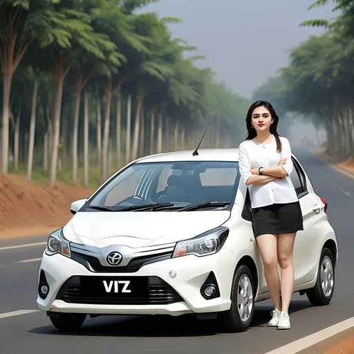 Prompt: a woman driving vitz new model white in colour