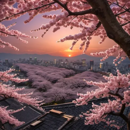 Prompt: i need a beutiful and very realist sunset in the nigt  in tokio,japon with hundreds of  cherry tree