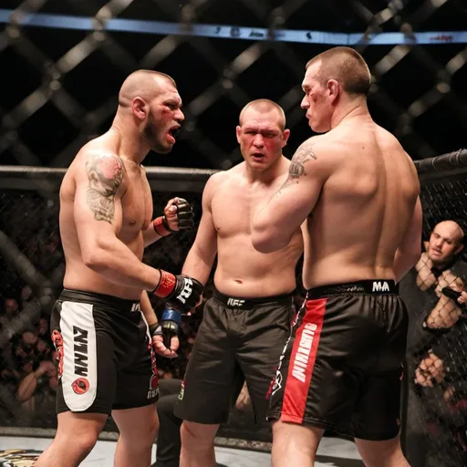 Prompt: I need you to put two very tired looking mma fighters and an mma referee in an mma octagon and have one of the mma fighters punch the other mma fighter and have hundreds of spectators watch and celebrate and everything looks very realistic.