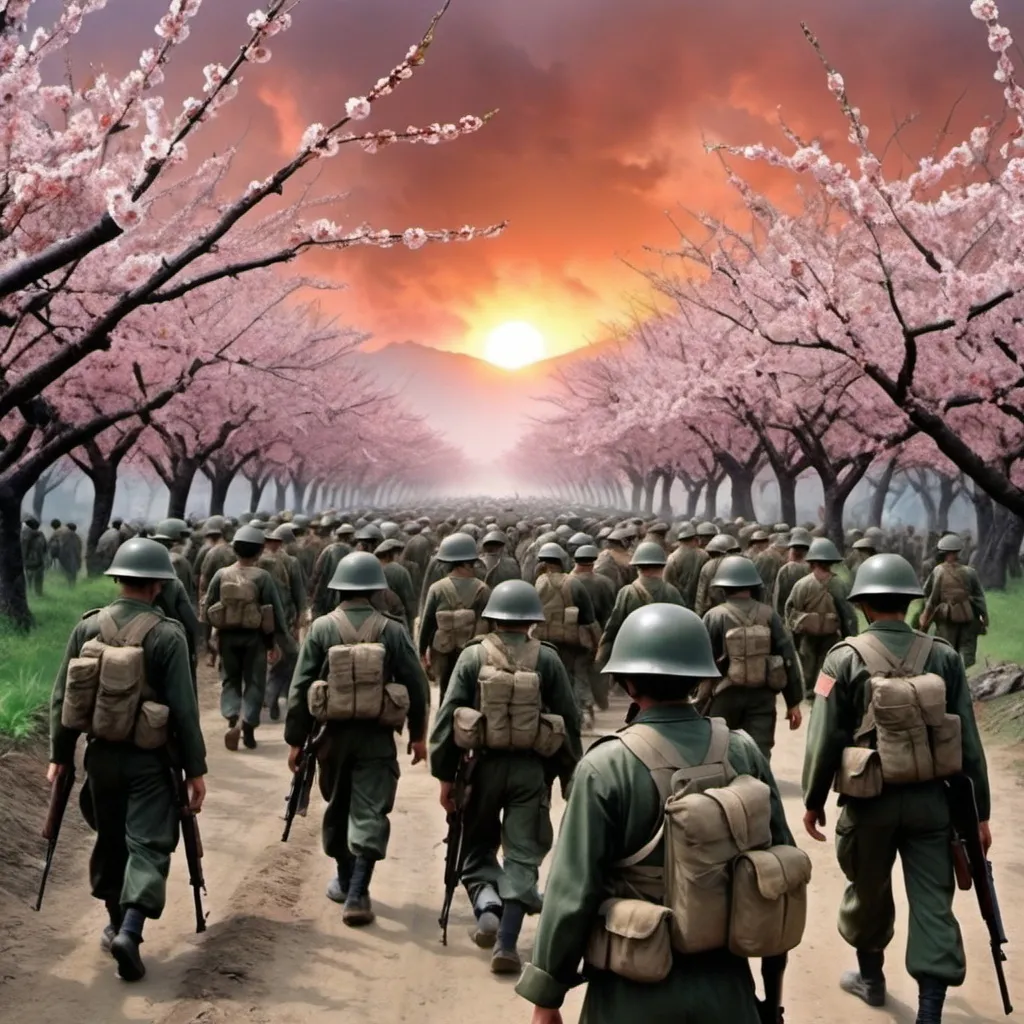 Prompt: i need represent the war in their worst moments I want it to be very realistic and   I want Let the armies be the United States and Vietnam and That there are several war crimes and That has a sad, desperate and discouraging aura and With a beautiful sunset and several Japanese-type cherry trees
or A jungle with a great variety of animals