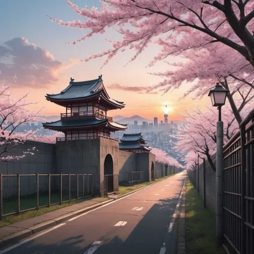 Prompt: I need you to make a prison that looks very safe and modern with a sad aura.
discouraging and seen with a great and beautiful sunrise in a city like Tokyo or China and with a great landscape in the background, full of cherry trees with a great variety of animals in the landscape