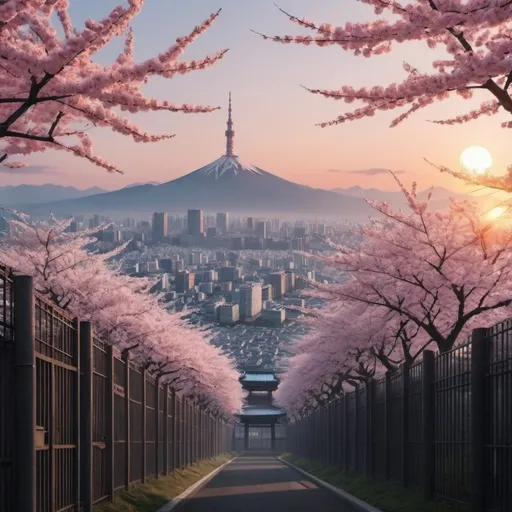 Prompt: I need you to make a prison that looks very safe and modern with a sad aura.
discouraging and seen with a great and beautiful sunrise in a city like Tokyo or China and with a great landscape in the background, full of cherry trees with a great variety of animals in the landscape