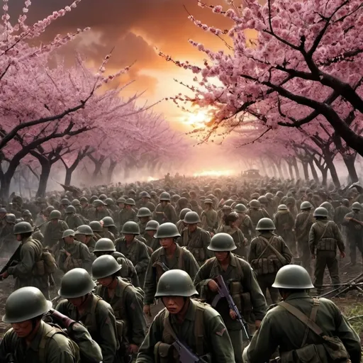 Prompt: i need represent the war in their worst moments I want it to be very realistic and   I want Let the armies be the United States and Vietnam and That there are several war crimes and That has a sad, desperate and discouraging aura and With a beautiful sunset and several Japanese-type cherry trees
or A jungle with a great variety of animals