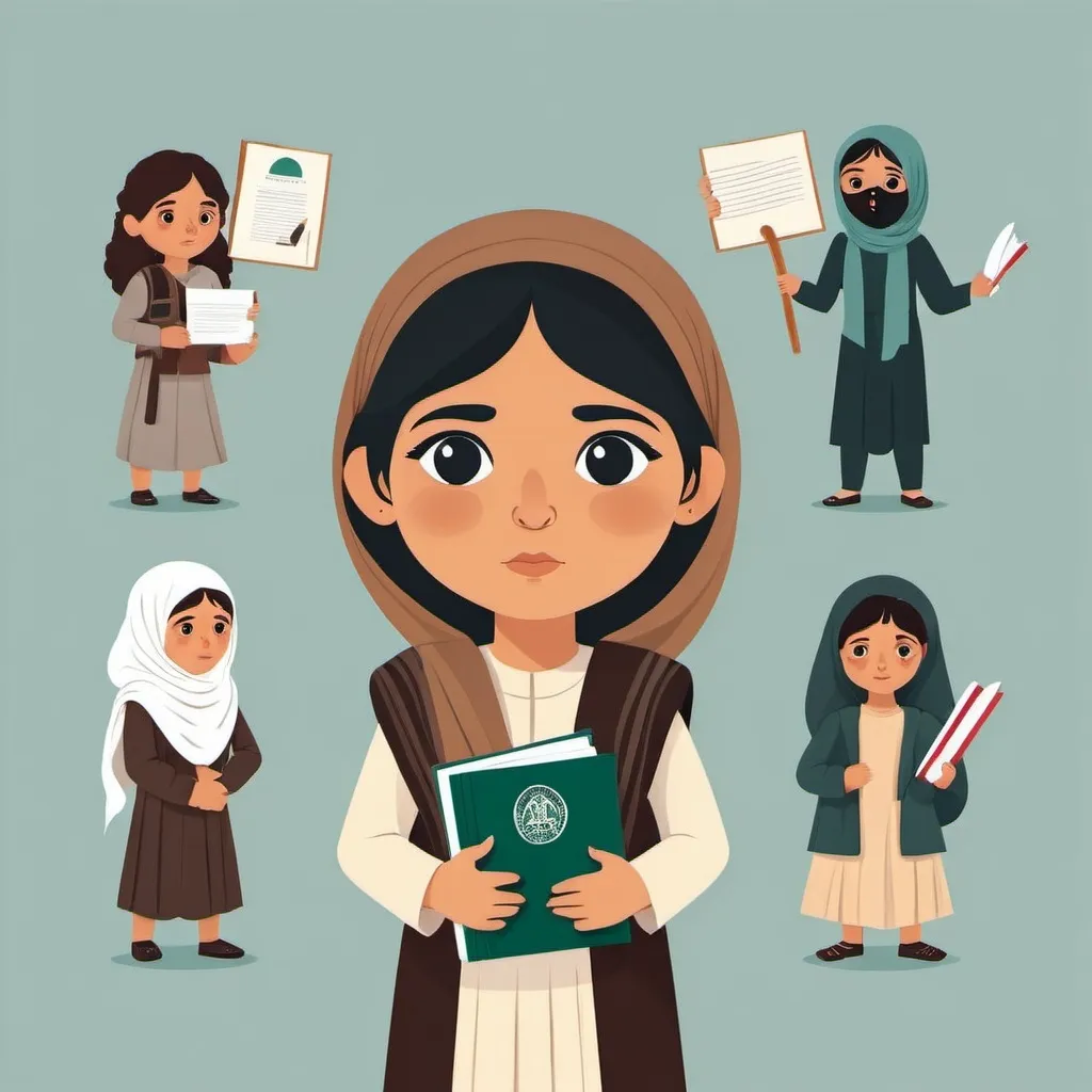 Prompt: Afghan girl banned from education in flat design illustration 