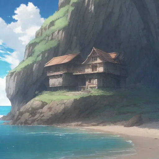 Prompt: a square and sharp edges stone house sitting on top of a beach shore next to a mysterious cave, anime