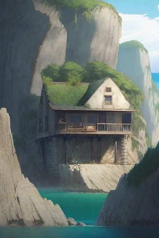 Prompt: square and sharp edges stone house sitting on a temperate bay next to a mysterious  cave, anime