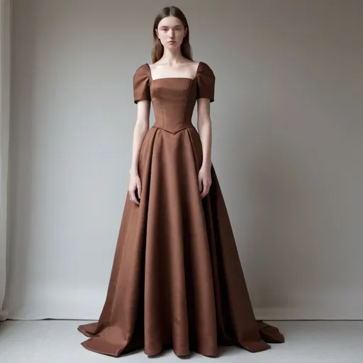 Prompt: Chestnut gown, square neckline, minimal detail on bodice, corset, partial full skirt, with shoulder sleeves 