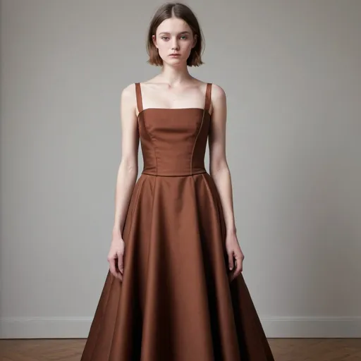 Prompt: Chestnut gown, square neckline, minimal detail on bodice, corset, partial full skirt,