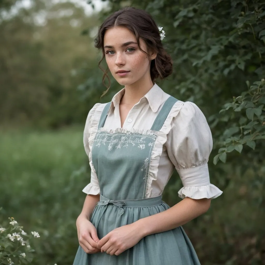 Prompt: Young woman, freckles across nose and cheeks, eyebrows thick and well defined, large green eyes, fair complexion, full lips, dark wavy brown hair that frames her face, wearing a light blue dress paired an earthy tone apron, Bodice is fitted accentuating the waist providing a structured silhouette. Square neckline adorned with delicate ruffles, sleeves long slightly puffy at the shoulders, tapering down to the fitted cutts that enhance the dress's elegant simplicity. Skirt is full and flowing gathered at the waist to create gentle pleats to add volume and movement. The light blue of the shirt is subtly patterned with small delicate floral motifs. Over the dress is a rust-colored apron, it ties at the waist it features intricate vines and small flowers embroidery along the bottom edge. Overall look is rustic charm and historical elegance 