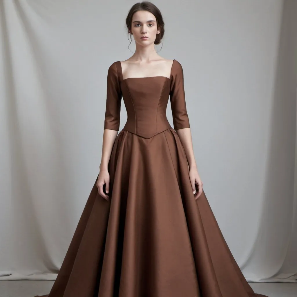 Prompt: Chestnut gown, square neckline, minimal detail on bodice, corset, partial full skirt, with 3/4 shoulder sleeves 