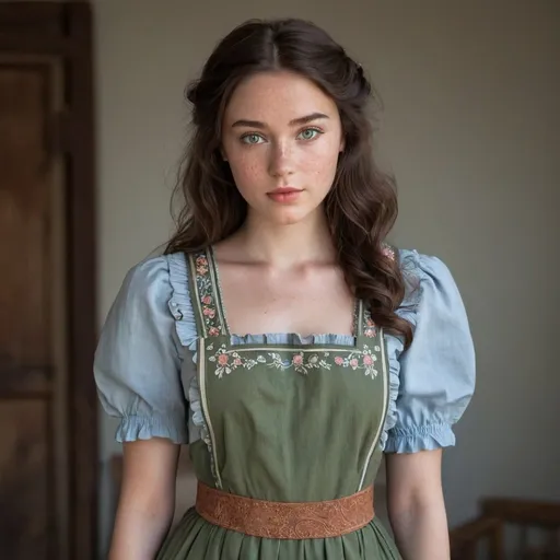 Prompt: Young woman, freckles across nose and cheeks, eyebrows thick and well defined, large green eyes, fair complexion, full lips, dark wavy brown hair that frames her face, wearing a light blue dress paired an earthy tone apron, Bodice is fitted accentuating the waist providing a structured silhouette. Square neckline adorned with delicate ruffles, sleeves long slightly puffy at the shoulders, tapering down to the fitted cutts that enhance the dress's elegant simplicity. Skirt is full and flowing gathered at the waist to create gentle pleats to add volume and movement. The light blue of the shirt is subtly patterned with small delicate floral motifs. Over the dress is a rust-colored apron, it ties at the waist it features intricate vines and small flowers embroidery along the bottom edge. Overall look is rustic charm and historical elegance 