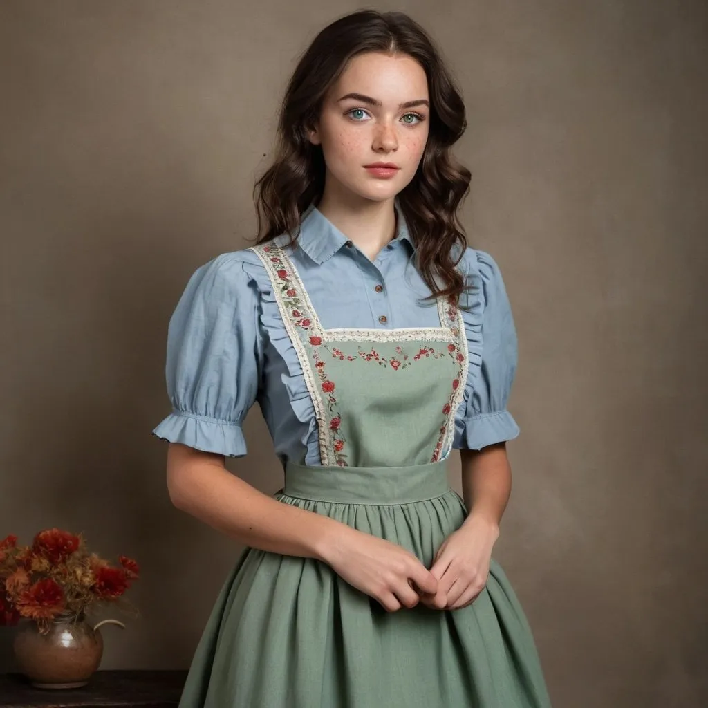 Prompt: Young woman, freckles across nose and cheeks, eyebrows thick and well defined, large green eyes, fair complexion, full lips, dark wavy brown hair that frames her face, wearing a light blue dress paired an earthy tone apron, Bodice is fitted accentuating the waist providing a structured silhouette. Square neckline adorned with delicate ruffles, sleeves long slightly puffy at the shoulders, tapering down to the fitted cutts that enhance the dress's elegant simplicity. Skirt is full and flowing gathered at the waist to create gentle pleats to add volume and movement. The light blue of the shirt is subtly patterned with small delicate floral motifs. Over the dress is a rust-colored apron, it ties at the waist it features intricate vines and small flowers embroidery along the bottom edge. Overall look is rustic charm and historical elegance 