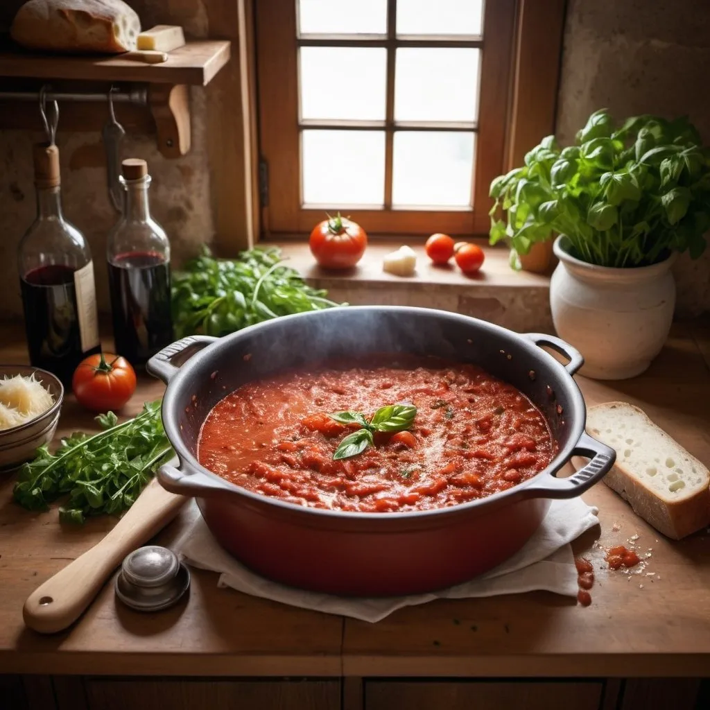 Prompt: Setting: A cozy, rustic Italian kitchen with wooden countertops and a large window letting in natural sunlight.
Main Focus: A large, simmering pot of rich, red Bolognese sauce. You can see the chunks of beef, diced carrots, celery, onions, and specks of pancetta, all melded together in a thick, tomato-based sauce.
Additional Elements: Fresh herbs (like basil and parsley) are scattered around the countertop. There is a bottle of red wine, a loaf of crusty bread, and a block of Parmesan cheese with a grater nearby. A wooden spoon rests in the pot, and steam is gently rising, indicating the sauce is hot and freshly cooked.