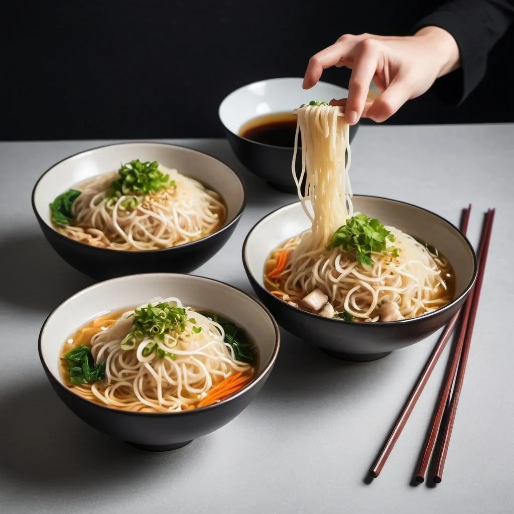 Prompt: Setting: A modern, minimalist kitchen with sleek countertops and bright lighting.
Main Focus: Two bowls of elevated instant noodles. The noodles are perfectly cooked and sitting in a light, flavorful broth. Visible ingredients include slices of champignons, thin strips of carrot, baby spinach leaves, and taugé (bean sprouts).
Additional Elements: Each bowl is garnished with fresh coriander leaves, a wedge of lime, and a sprinkle of sesame seeds. There are chopsticks resting on the edge of the bowls, and a small dish of soy sauce and a bottle of sesame oil are placed next to them. Steam is rising from the bowls, indicating the noodles are hot and ready to be enjoyed.