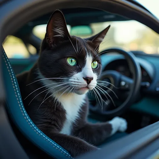 Prompt: A black and white cat with green and blue eyes driving a black and blue and green and white Bugatti chiron
