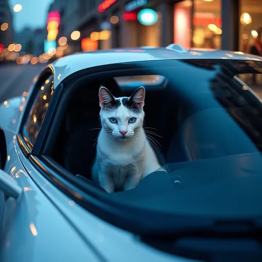 Prompt: A white and black cat with blue eyes  driving a white and blue and black Bugatti chiron i