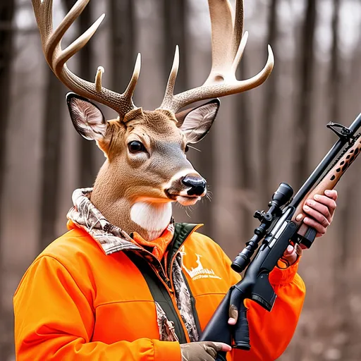 Prompt: create photo of whitetail deer wearing orange hunting clothing and holding rifle