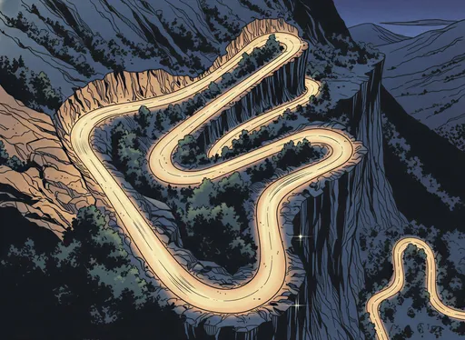 Prompt: @pNbP1DUnRqpPGbrsi7Yn is not present in this visual. Instead, this visual shows an aerial POV looking down at a mountain road. Twin beams of car headlights snake up the treacherous path, twisting through hairpin bends like a serpent's coils. The lights occasionally disappear under tree canopy, then reappear.
Camera Angle: Bird's eye view from above.
Lighting: Darkness punctuated by the moving twin beams of light, creating halo on the uneven road surface.
Design Cue: Road should look impossibly dangerous - narrow, winding, cliff edges visible. The lights move erratically, suggesting lack of control.
Style: It should employ a retro illustration approach reminiscent of mid-20th-century comic books and graphic novels, characterized by clean linework and subtle shading. Flat color regions dominate with warm earth tones like sandy beiges, soft yellows, and muted reds on the lips, creating a nostalgic, optimistic vibe typical of 1940s-1960s styles.